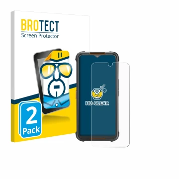 Parte frontal de un envase de producto con el logotipo de la marca BROTECT. Al lado se muestra el dispositivo AGM H5 con su pr