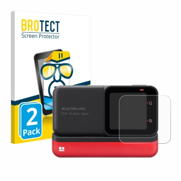 Parte frontal de un envase de producto con el logotipo de la marca BROTECT. Al lado se muestra el dispositivo Insta360 One RS 