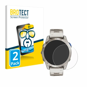 Parte frontal de un envase de producto con el logotipo de la marca BROTECT. Al lado se muestra el dispositivo Garmin D2 Mach 1