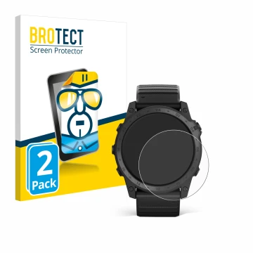 Parte frontal de un envase de producto con el logotipo de la marca BROTECT. Al lado se muestra el dispositivo Garmin Tactix 7 