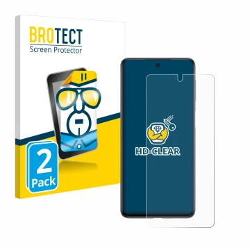 Parte frontal de un envase de producto con el logotipo de la marca BROTECT. Al lado se muestra el dispositivo Samsung Galaxy M