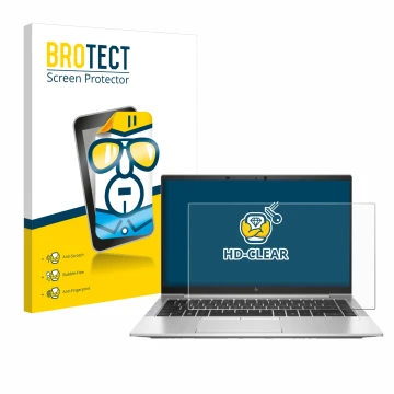 Parte frontal de un envase de producto con el logotipo de la marca BROTECT. Al lado se muestra el dispositivo HP EliteBook 845