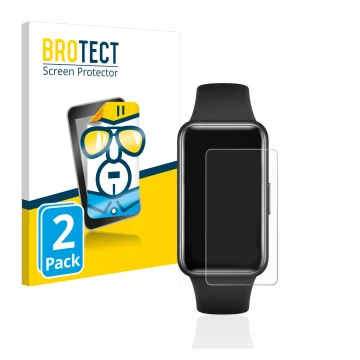 Parte frontal de un envase de producto con el logotipo de la marca BROTECT. Al lado se muestra el dispositivo Huawei Band 7 co