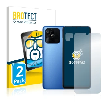 Parte frontal de un envase de producto con el logotipo de la marca BROTECT. Al lado se muestra el dispositivo Xiaomi Redmi 10C