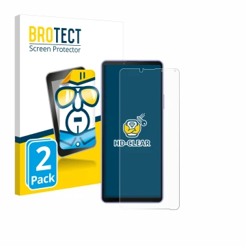 Parte frontal de un envase de producto con el logotipo de la marca BROTECT. Al lado se muestra el dispositivo Sony Xperia 10 I
