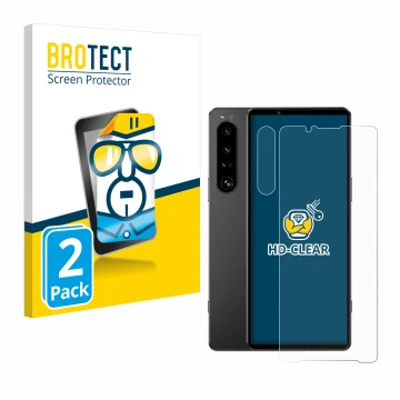 Parte frontal de un envase de producto con el logotipo de la marca BROTECT. Al lado se muestra el dispositivo Sony Xperia 1 IV