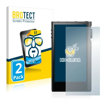 Parte frontal de un envase de producto con el logotipo de la marca BROTECT. Al lado se muestra el dispositivo Astell&Kern Kann