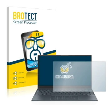Parte frontal de un envase de producto con el logotipo de la marca BROTECT. Al lado se muestra el dispositivo ASUS ZenBook 13 