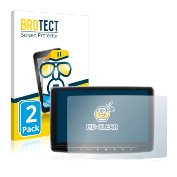 Parte frontal de un envase de producto con el logotipo de la marca BROTECT. Al lado se muestra el dispositivo Alpine INE-F904D