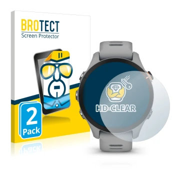 Parte frontal de un envase de producto con el logotipo de la marca BROTECT. Al lado se muestra el dispositivo Garmin Forerunne