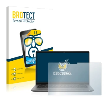 Parte frontal de un envase de producto con el logotipo de la marca BROTECT. Al lado se muestra el dispositivo Dell Latitude 14