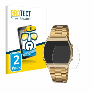 Parte frontal de un envase de producto con el logotipo de la marca BROTECT. Al lado se muestra el dispositivo Casio Retro B640