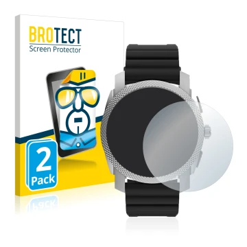 Parte frontal de un envase de producto con el logotipo de la marca BROTECT. Al lado se muestra el dispositivo Fossil Gen 6 Hyb