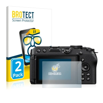 Parte frontal de un envase de producto con el logotipo de la marca BROTECT. Al lado se muestra el dispositivo Nikon Z 30 con s