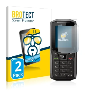 Parte frontal de un envase de producto con el logotipo de la marca BROTECT. Al lado se muestra el dispositivo Crosscall Core-S