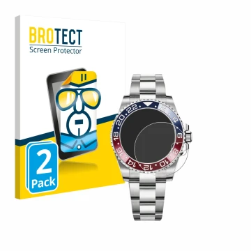 Parte frontal de un envase de producto con el logotipo de la marca BROTECT. Al lado se muestra el dispositivo Rolex GMT-Master