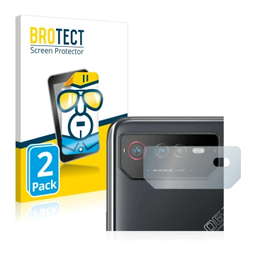 Parte frontal de un envase de producto con el logotipo de la marca BROTECT. Al lado se muestra el dispositivo ASUS ROG Phone 6