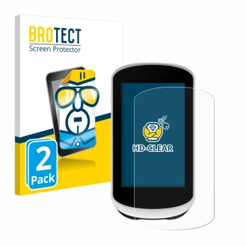 Parte frontal de un envase de producto con el logotipo de la marca BROTECT. Al lado se muestra el dispositivo Garmin Edge Expl