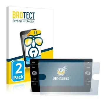 Parte frontal de un envase de producto con el logotipo de la marca BROTECT. Al lado se muestra el dispositivo Volkswagen T-Roc