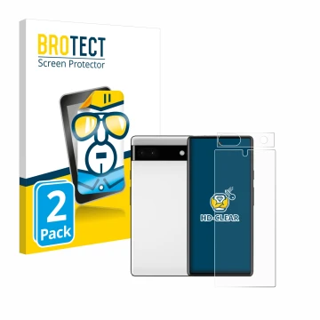 Parte frontal de un envase de producto con el logotipo de la marca BROTECT. Al lado se muestra el dispositivo Google Pixel 6a 