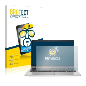 Parte frontal de un envase de producto con el logotipo de la marca BROTECT. Al lado se muestra el dispositivo HP ProBook 650 G
