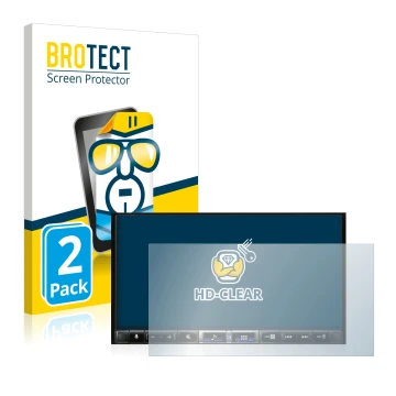 Parte frontal de un envase de producto con el logotipo de la marca BROTECT. Al lado se muestra el dispositivo Alpine iLX-705D 