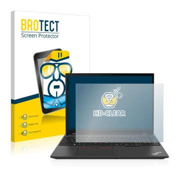 Parte frontal de un envase de producto con el logotipo de la marca BROTECT. Al lado se muestra el dispositivo Lenovo ThinkPad 
