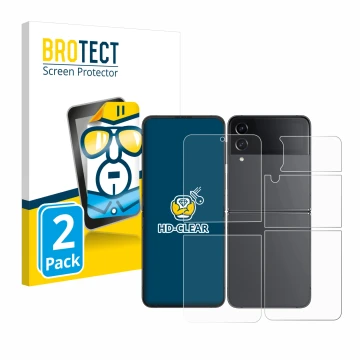 Parte frontal de un envase de producto con el logotipo de la marca BROTECT. Al lado se muestra el dispositivo Samsung Galaxy Z