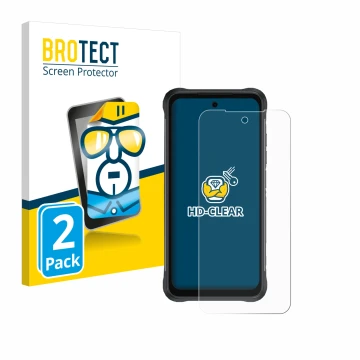 Parte frontal de un envase de producto con el logotipo de la marca BROTECT. Al lado se muestra el dispositivo Umidigi Bison 2 