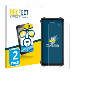 Parte frontal de un envase de producto con el logotipo de la marca BROTECT. Al lado se muestra el dispositivo Umidigi Bison 2 