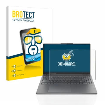 Parte frontal de un envase de producto con el logotipo de la marca BROTECT. Al lado se muestra el dispositivo Lenovo Yoga 7i G