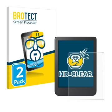 Parte frontal de un envase de producto con el logotipo de la marca BROTECT. Al lado se muestra el dispositivo Kobo Clara 2E co