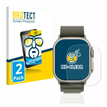 Parte frontal de un envase de producto con el logotipo de la marca BROTECT. Al lado se muestra el dispositivo Apple Watch Ultr