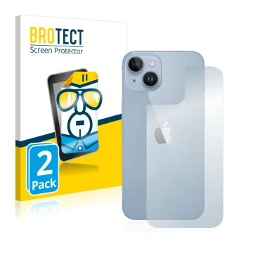 Parte frontal de un envase de producto con el logotipo de la marca BROTECT. Al lado se muestra el dispositivo Apple iPhone 14 