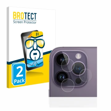 Parte frontal de un envase de producto con el logotipo de la marca BROTECT. Al lado se muestra el dispositivo Apple iPhone 14 