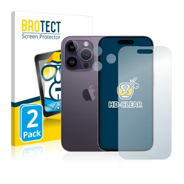 Parte frontal de un envase de producto con el logotipo de la marca BROTECT. Al lado se muestra el dispositivo Apple iPhone 14 