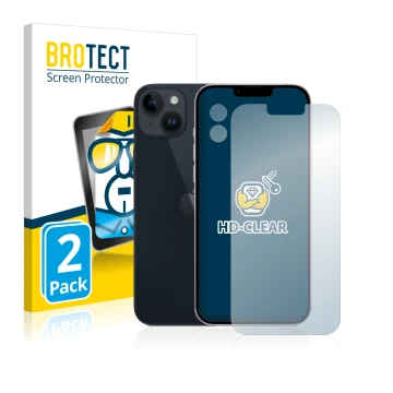 Parte frontal de un envase de producto con el logotipo de la marca BROTECT. Al lado se muestra el dispositivo Apple iPhone 14 