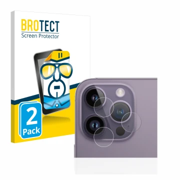 Parte frontal de un envase de producto con el logotipo de la marca BROTECT. Al lado se muestra el dispositivo Apple iPhone 14 