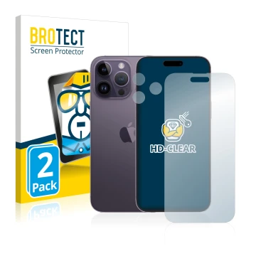 Parte frontal de un envase de producto con el logotipo de la marca BROTECT. Al lado se muestra el dispositivo Apple iPhone 14 
