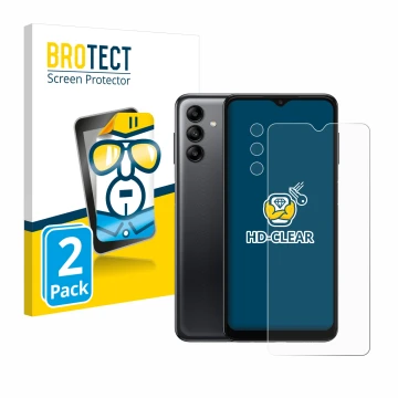 Parte frontal de un envase de producto con el logotipo de la marca BROTECT. Al lado se muestra el dispositivo Samsung Galaxy A