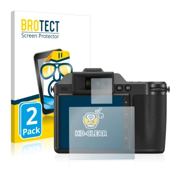 Parte frontal de un envase de producto con el logotipo de la marca BROTECT. Al lado se muestra el dispositivo Fujifilm X-H2 co