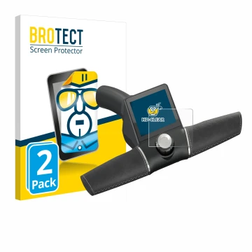 Parte frontal de un envase de producto con el logotipo de la marca BROTECT. Al lado se muestra el dispositivo Motocaddy M3 GPS