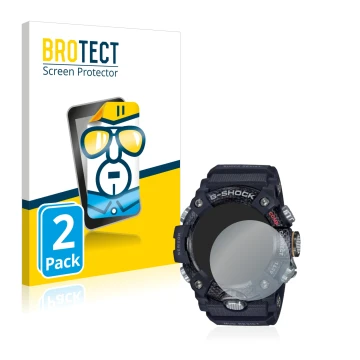 Parte frontal de un envase de producto con el logotipo de la marca BROTECT. Al lado se muestra el dispositivo Casio G-Shock Mu