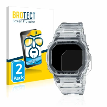 Parte frontal de un envase de producto con el logotipo de la marca BROTECT. Al lado se muestra el dispositivo Casio G-Shock DW