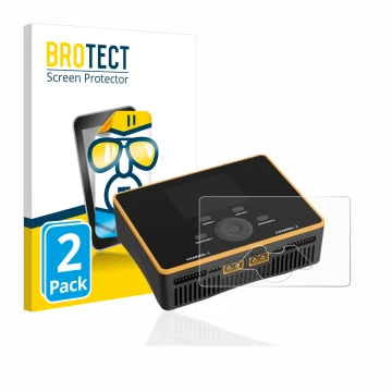 Parte frontal de un envase de producto con el logotipo de la marca BROTECT. Al lado se muestra el dispositivo Junsi iCharger D