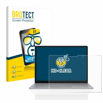 Parte frontal de un envase de producto con el logotipo de la marca BROTECT. Al lado se muestra el dispositivo Microsoft Surfac