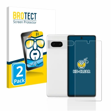 Parte frontal de un envase de producto con el logotipo de la marca BROTECT. Al lado se muestra el dispositivo Google Pixel 7 (