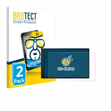 Parte frontal de un envase de producto con el logotipo de la marca BROTECT. Al lado se muestra el dispositivo Garmin DriveSmar