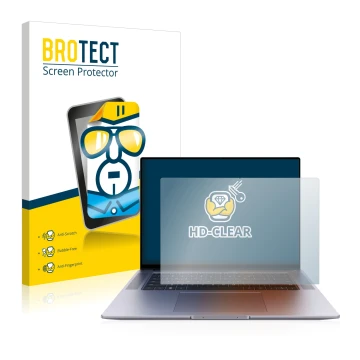 Parte frontal de un envase de producto con el logotipo de la marca BROTECT. Al lado se muestra el dispositivo Huawei MateBook 