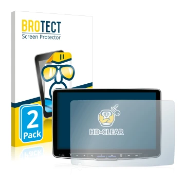 Parte frontal de un envase de producto con el logotipo de la marca BROTECT. Al lado se muestra el dispositivo Alpine ILX-F115D